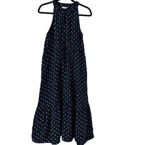 Time and Tru Navy Blue Cotton Halter Maxi Dress XS 0-2 Diamond Print Tiered Boho